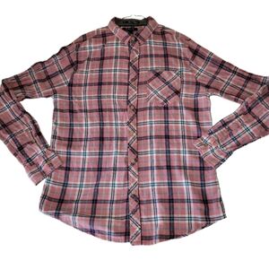 21 Men Lightweight Flannel Button Down Pink & Blue Plaid Shirt Cotton Size Large